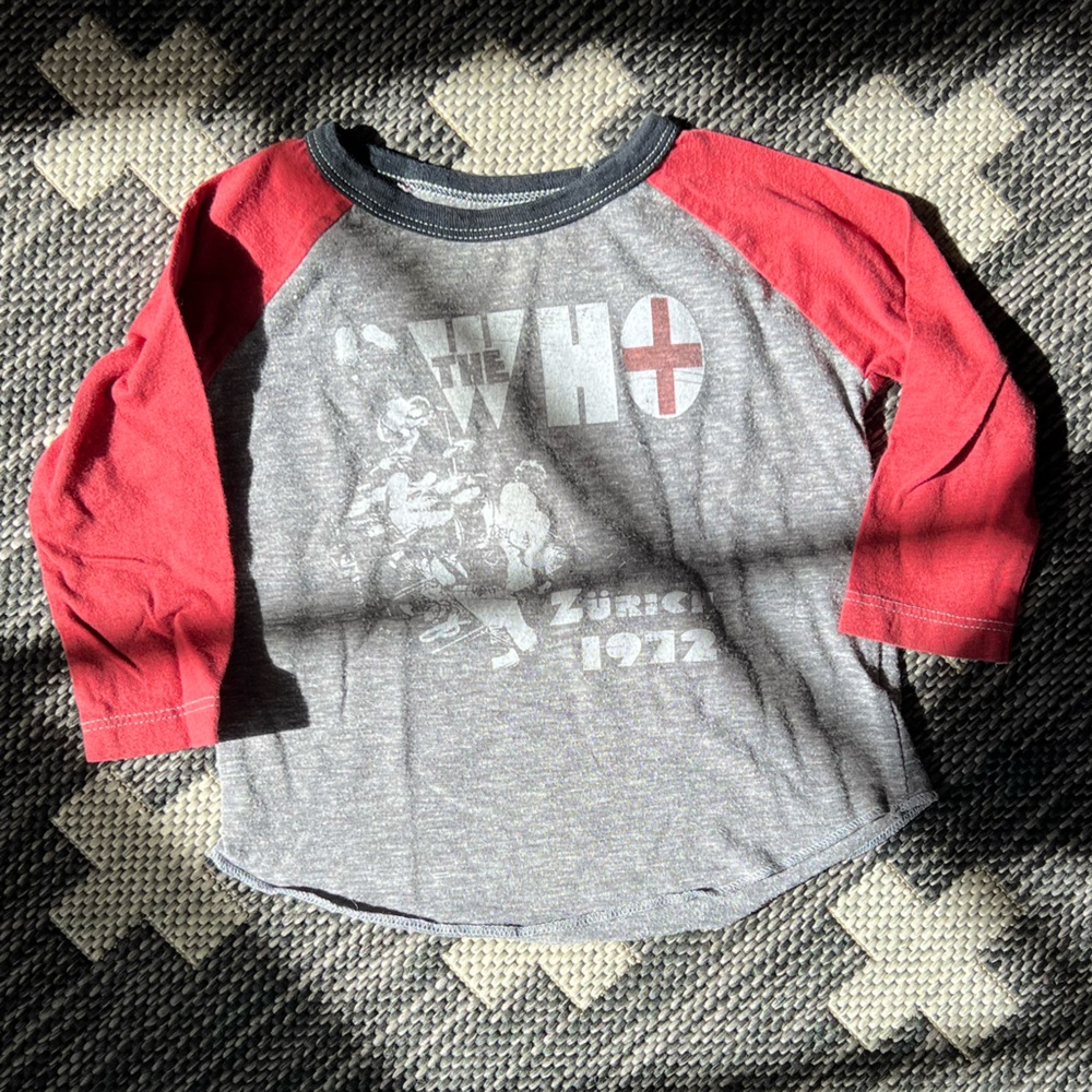 Rowdy Sprout “The Who” long sleeve raglan tee. 
Grey & Red. 12-18 months.